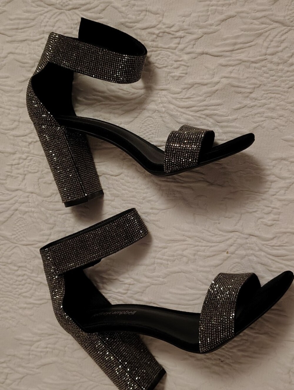 Jeffrey Campbell Lindsay Silver Glitter Strap Block Heel Sandals